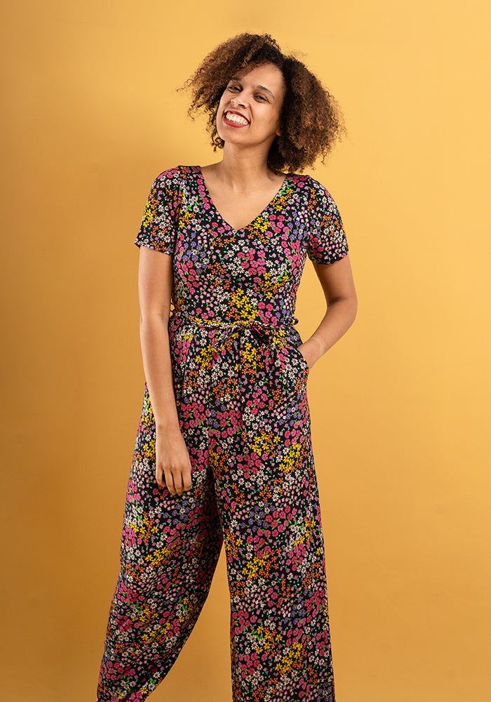 Aggie Black Ditsy Print Viscose Culotte Leg Jumpsuit