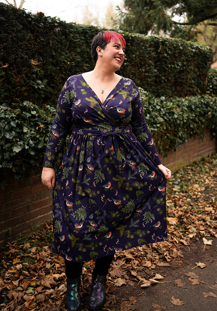 Front view of Agnes Bird &amp; Pinecone Print Midi Dress