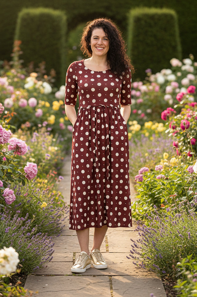 Front view of Aisla Spot Print Jersey Midi Dress