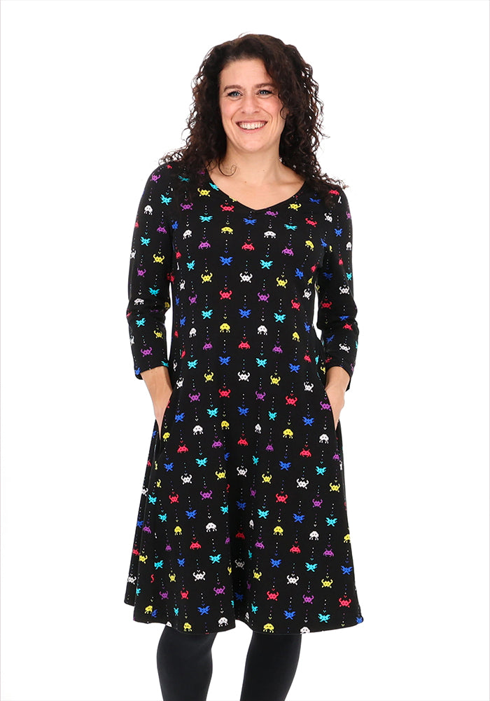 Aisle Retro Invaders Print Cotton Trapeze Dress