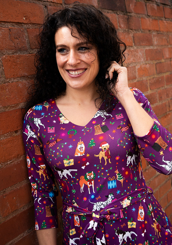 Alabaster Christmas Dogs Print Dress