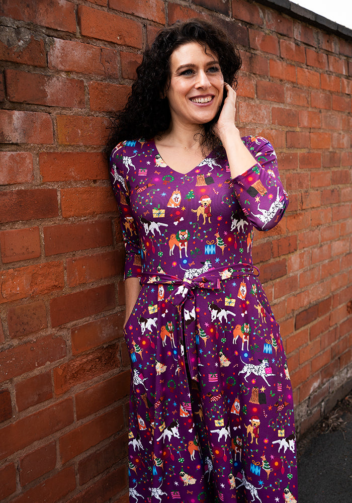 Alabaster Christmas Dogs Print Dress