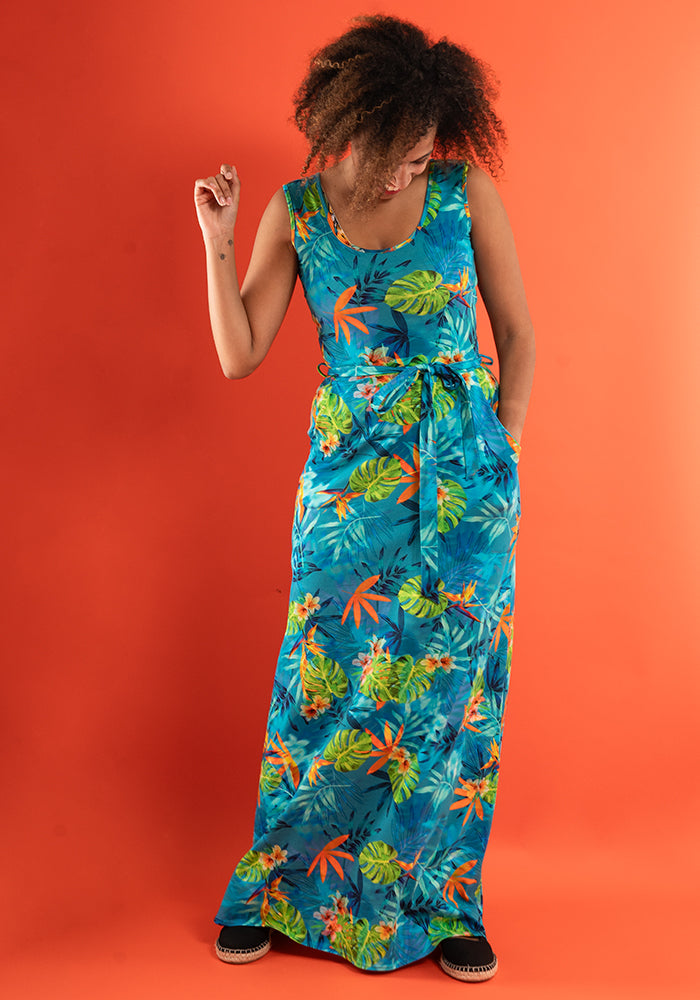 Alani Tropical Leaves Print Cotton Maxi Dress