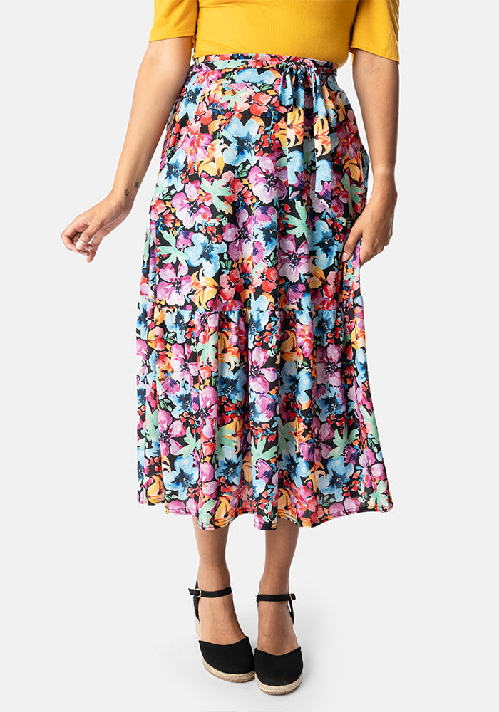 Alda Light Weight Watercolour Floral Print Tiered Hem Midi Skirt