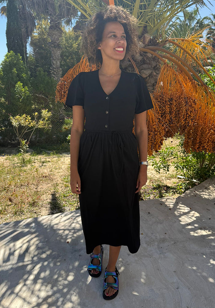 Third angle of Alison Black Button Front Cotton Midaxi Dress