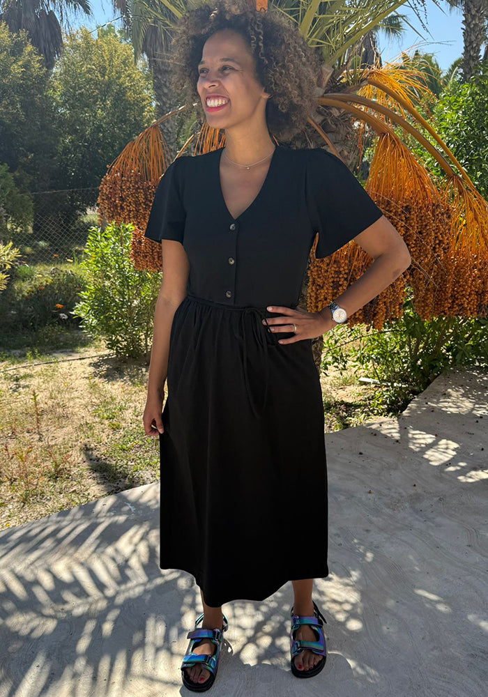 Front view of Alison Black Button Front Cotton Midaxi Dress