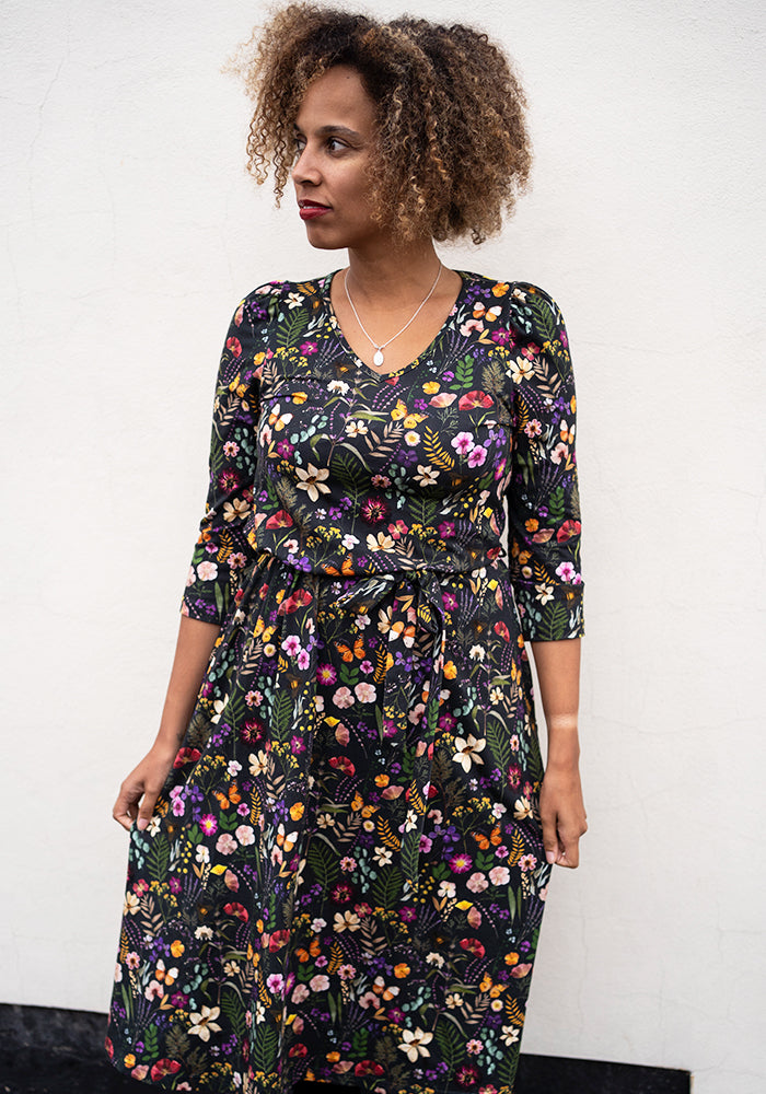 Front view of Alizia Pressed Floral Print Midi Cotton Dress