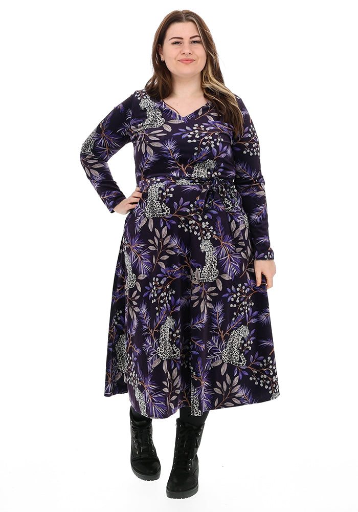 Allana Purple Snow Leopard Print Midi Dress