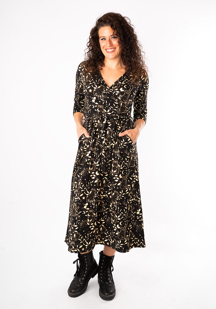 Alora Mystical Cats Print Cotton Midi Dress