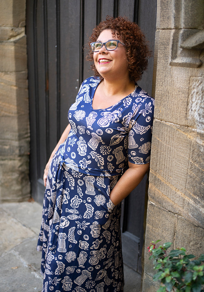 Front view of Amalthea Greek Print Midi Dress