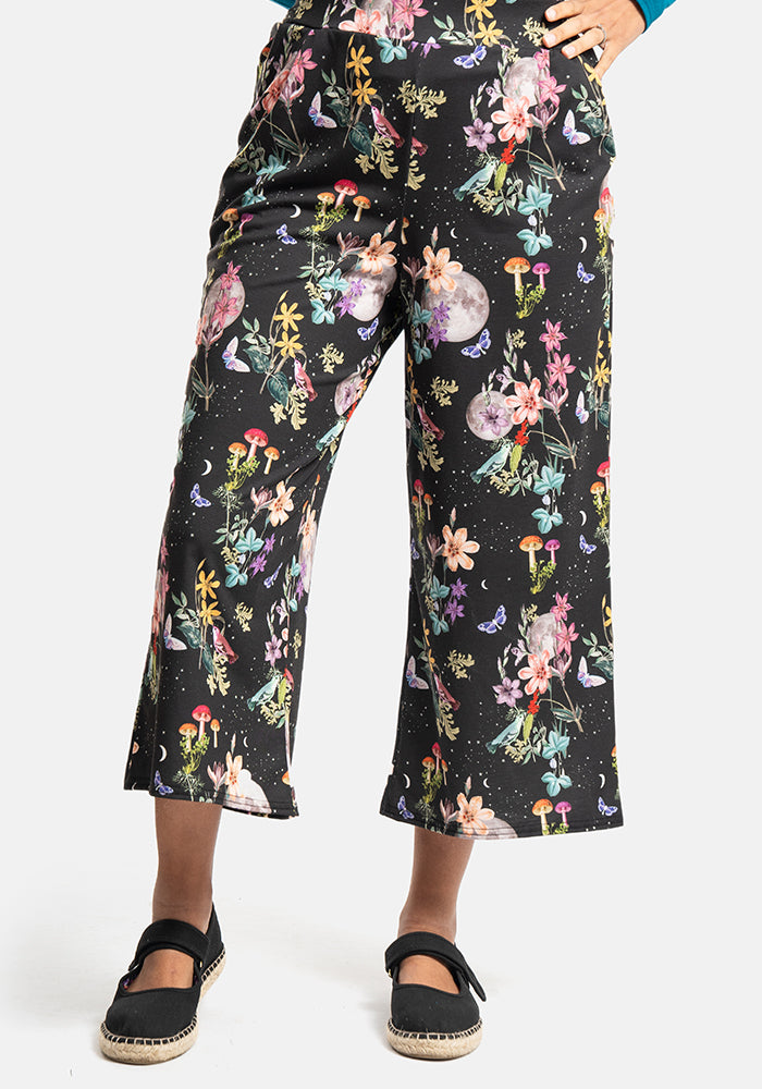 Front view of Amari Midnight Botanical Print Pull On Wide Leg Culotte Trouser