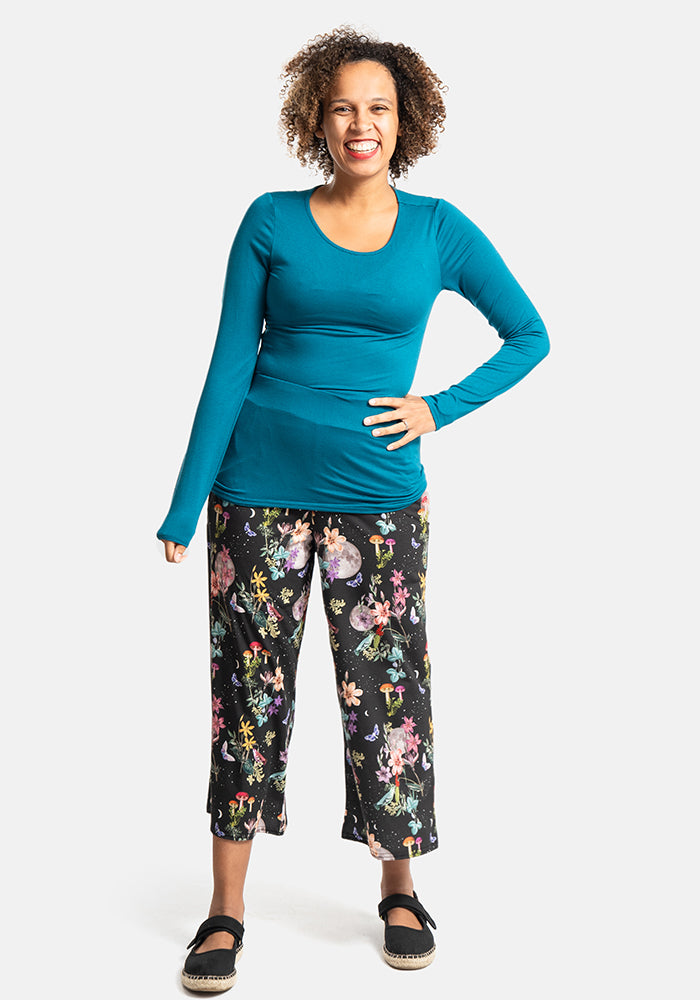 Third angle of Amari Midnight Botanical Print Pull On Wide Leg Culotte Trouser