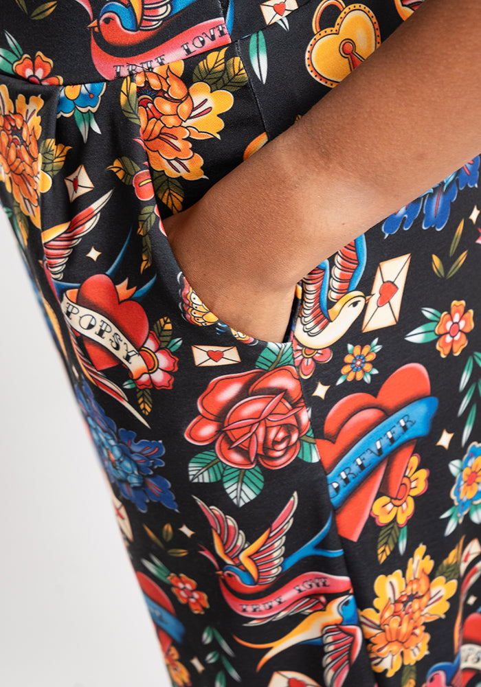 Third angle of Amari Tattoo Print Pull On Wide Leg Culotte Trouser