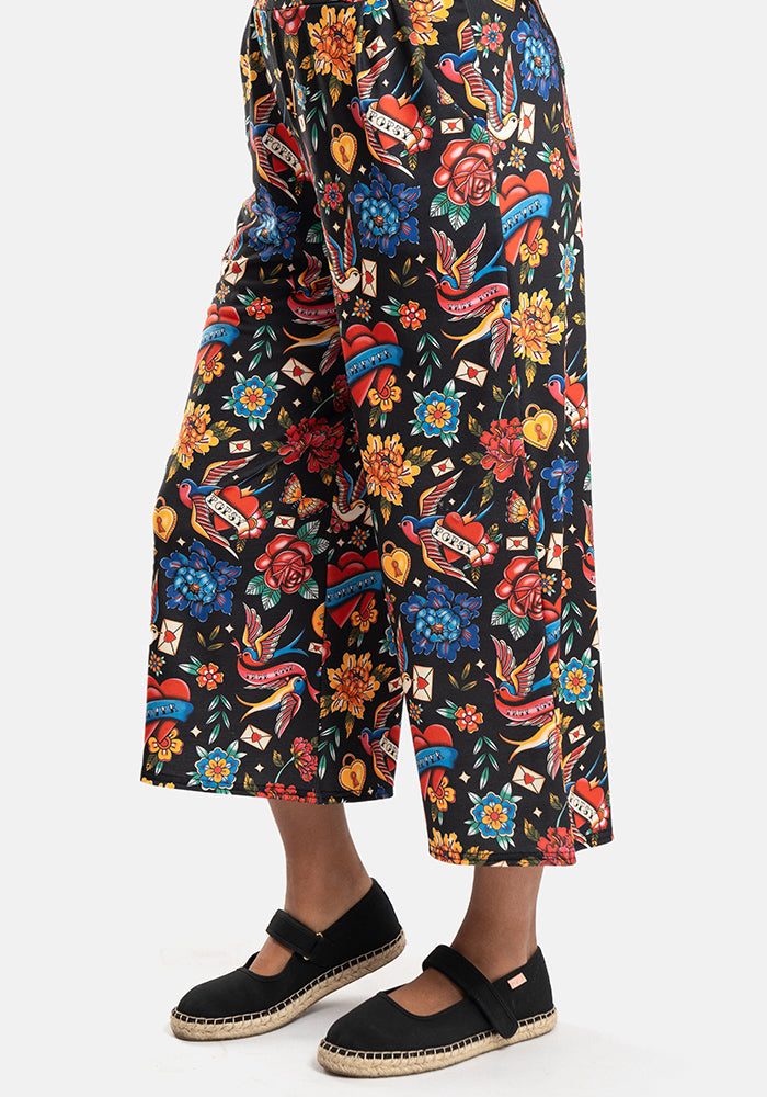 Fourth angle of Amari Tattoo Print Pull On Wide Leg Culotte Trouser