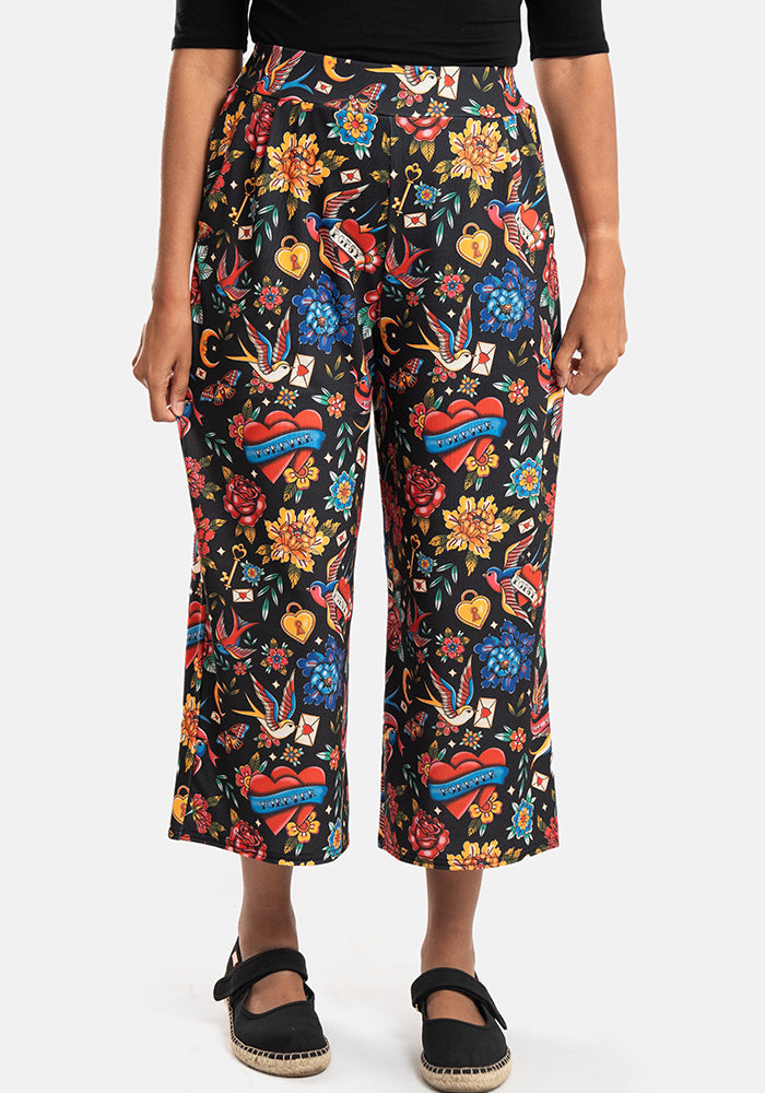 Fifth angle of Amari Tattoo Print Pull On Wide Leg Culotte Trouser