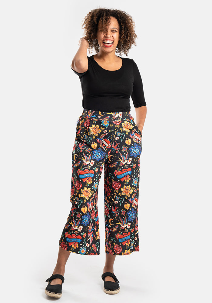 Sixth angle of Amari Tattoo Print Pull On Wide Leg Culotte Trouser