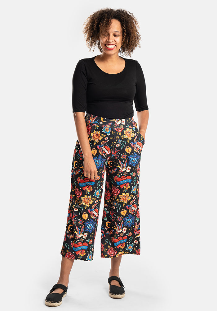 Front view of Amari Tattoo Print Pull On Wide Leg Culotte Trouser