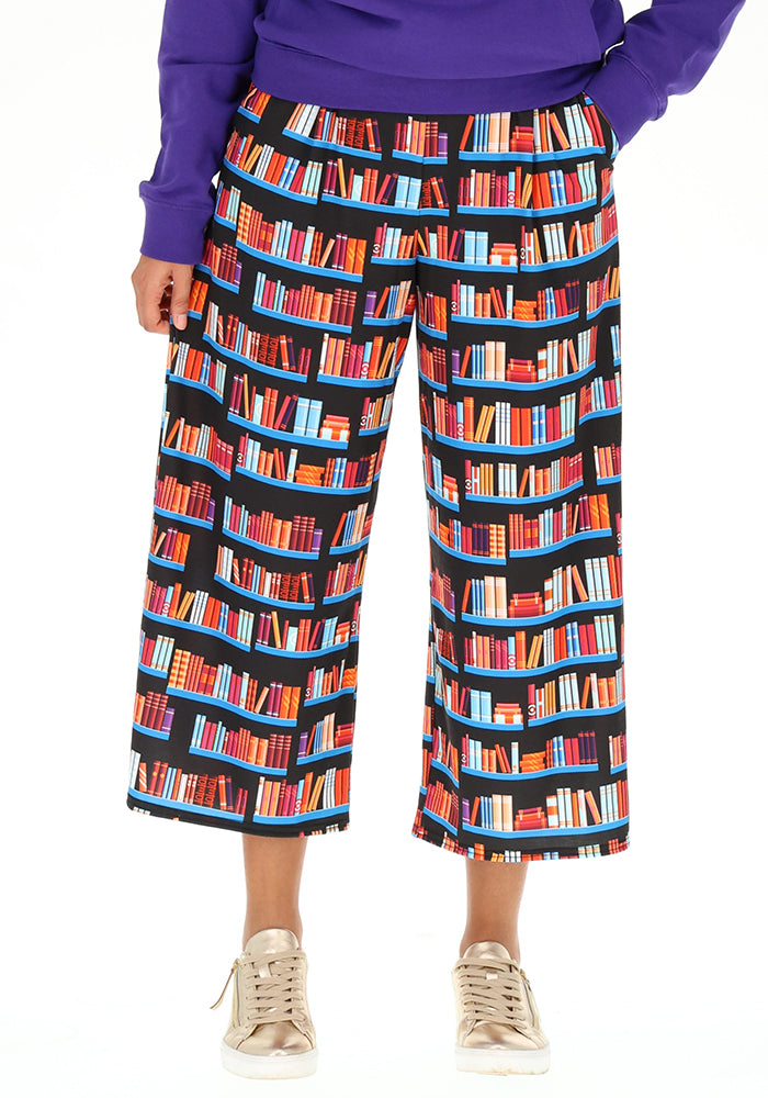 Front view of Amari Book Shelf Print Culotte Trouser, our jersey is a smooth, stretchy fabric known for its comfort and ease.