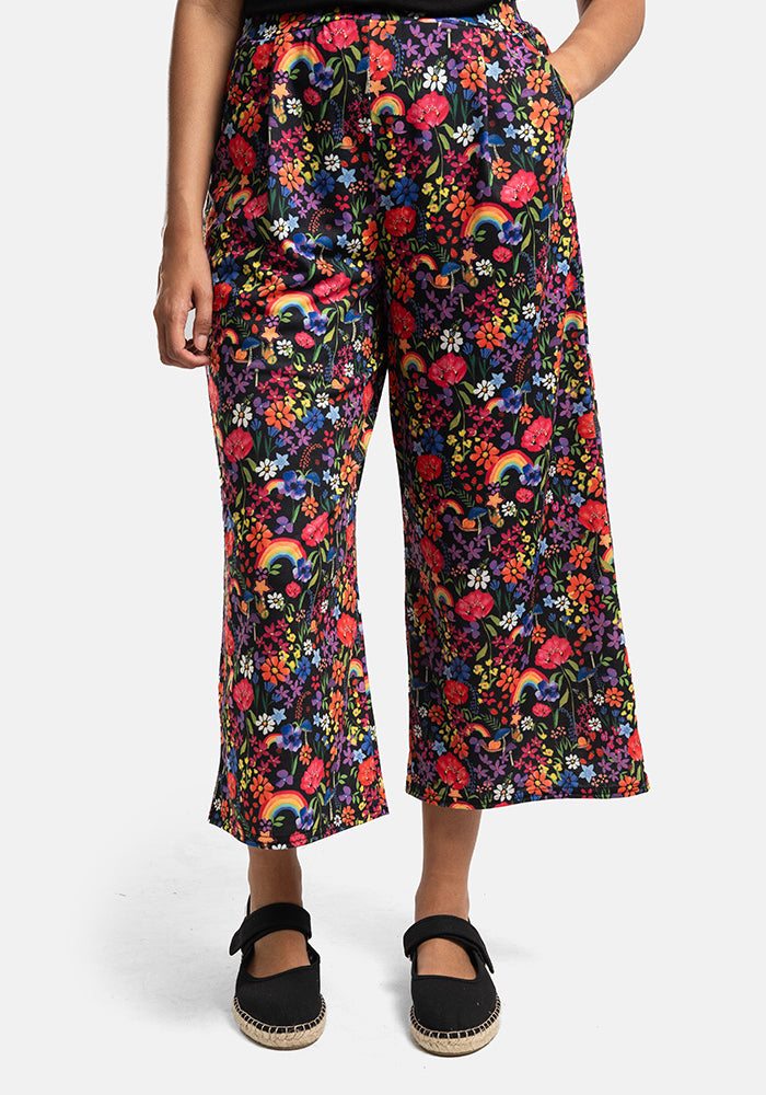Front view of Amari Garden Rainbows Print Pull On Wide Leg Culotte Trouser