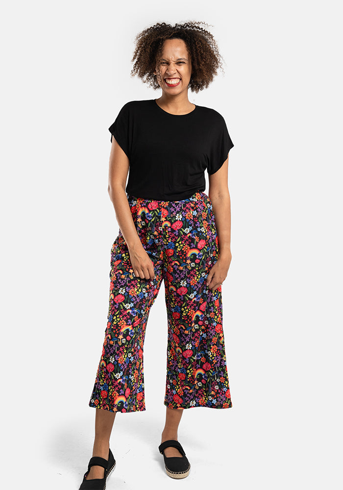 Fourth angle of Amari Garden Rainbows Print Pull On Wide Leg Culotte Trouser