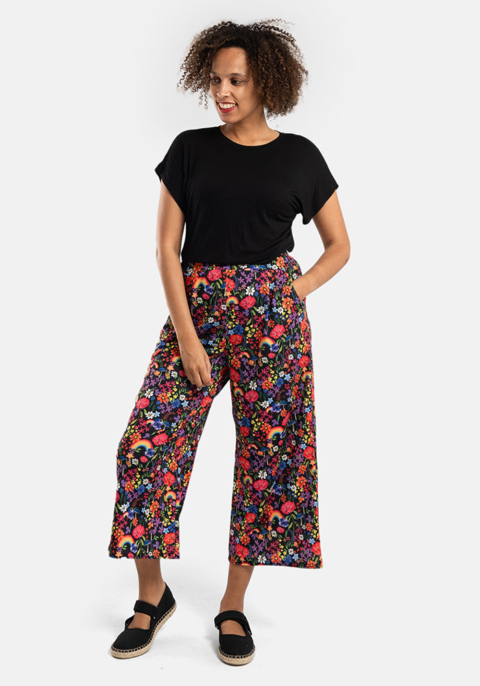 Second angle of Amari Garden Rainbows Print Pull On Wide Leg Culotte Trouser