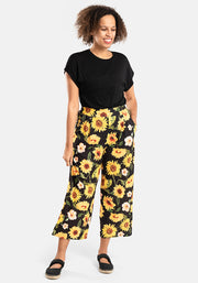 Amari Large Sunflower Print Pull On Wide Leg Culotte Trouser