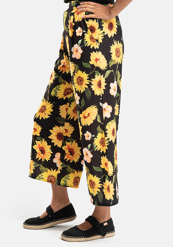 Amari Large Sunflower Print Pull On Wide Leg Culotte Trouser