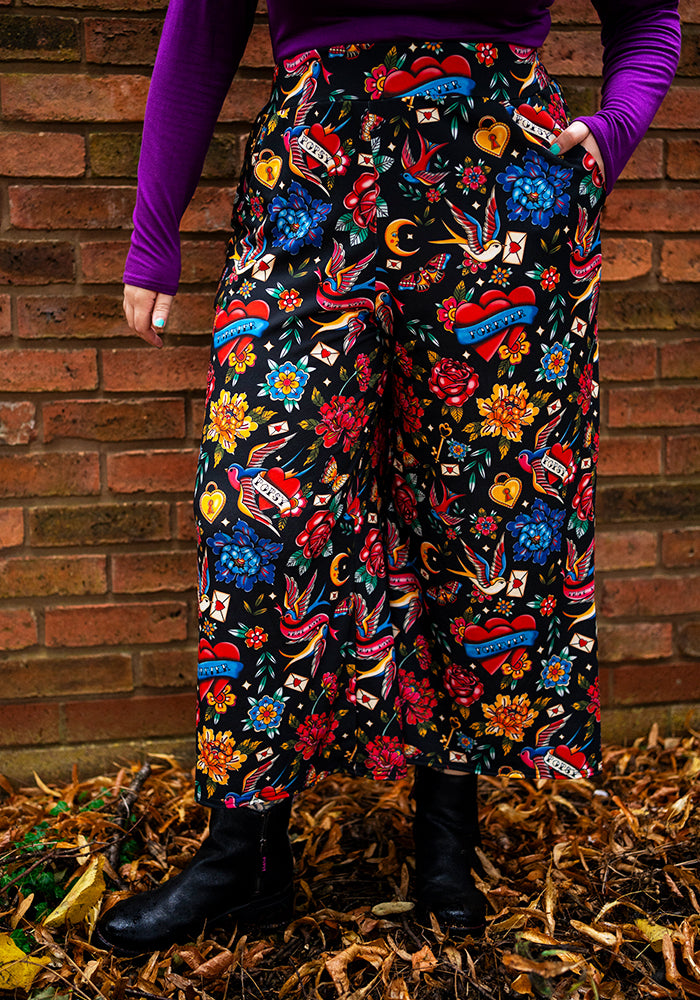 Eighth angle of Amari Tattoo Print Pull On Wide Leg Culotte Trouser