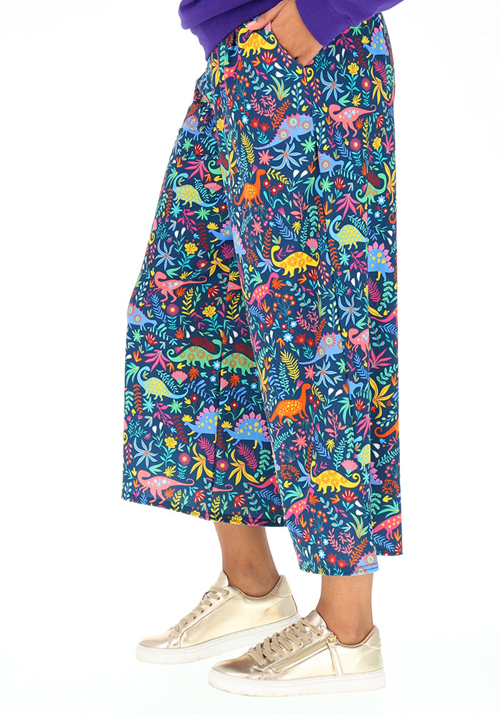 Third angle of Amari Teal Dino Print Culotte Trouser, our jersey is a smooth, stretchy fabric known for its comfort and ease.