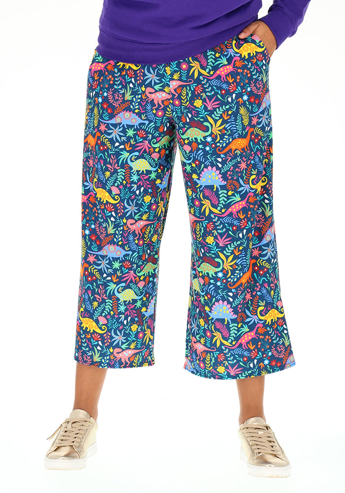 Front view of Amari Teal Dino Print Culotte Trouser, our jersey is a smooth, stretchy fabric known for its comfort and ease.