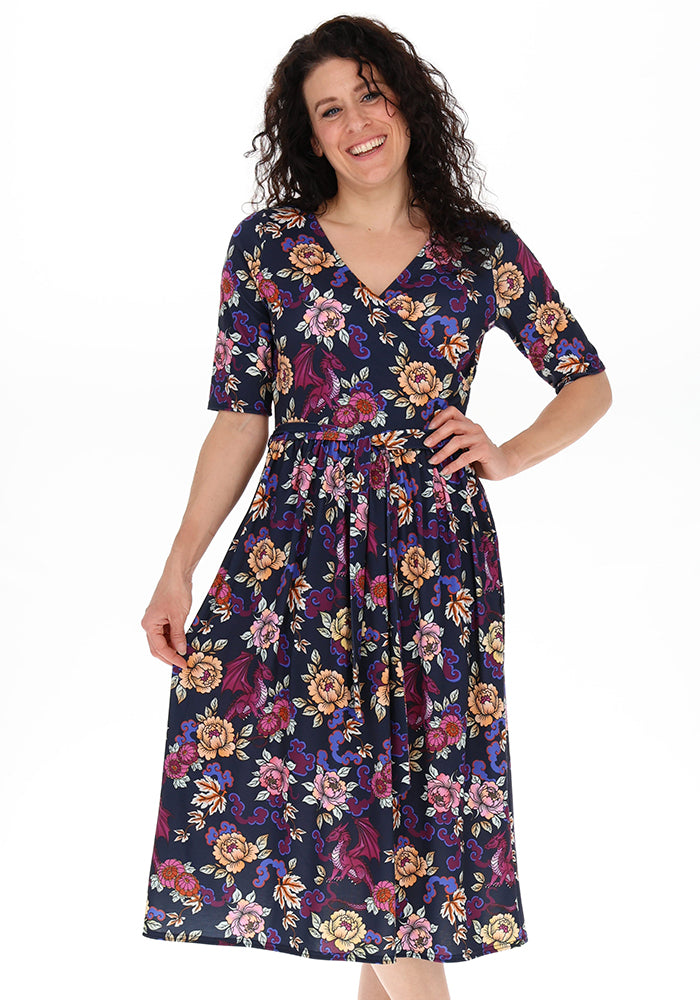 Amber Ornate Dragon Print Midi Dress