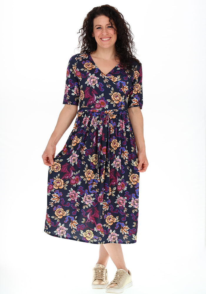 Amber Ornate Dragon Print Midi Dress