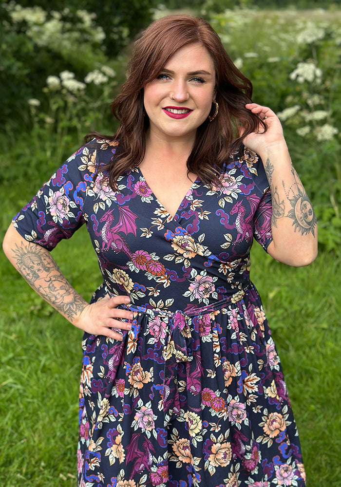 Amber Ornate Dragon Print Midi Dress