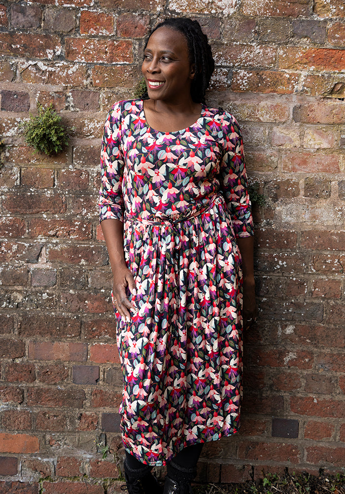 Front view of Amelina Fuchsia Fairy Print Viscose Midi Dress