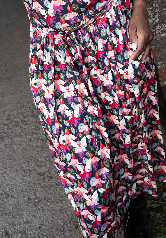 Sixth angle of Amelina Fuchsia Fairy Print Viscose Midi Dress