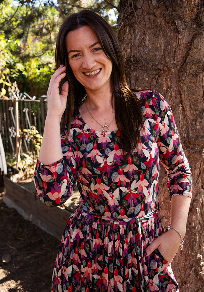 Seventh angle of Amelina Fuchsia Fairy Print Viscose Midi Dress