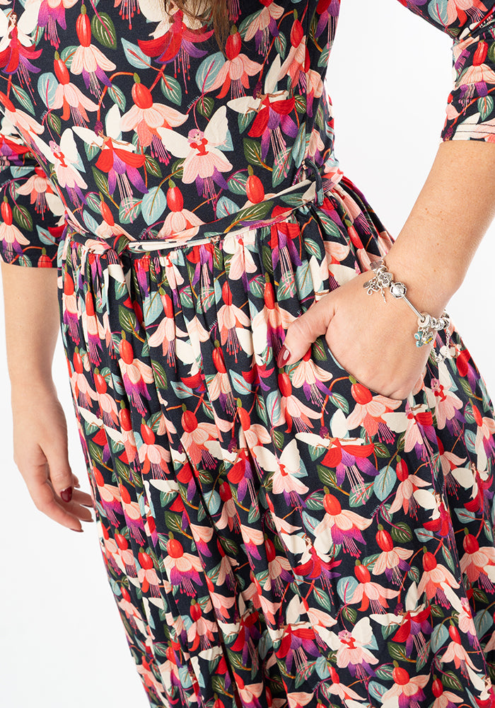 Fourth angle of Amelina Fuchsia Fairy Print Viscose Midi Dress