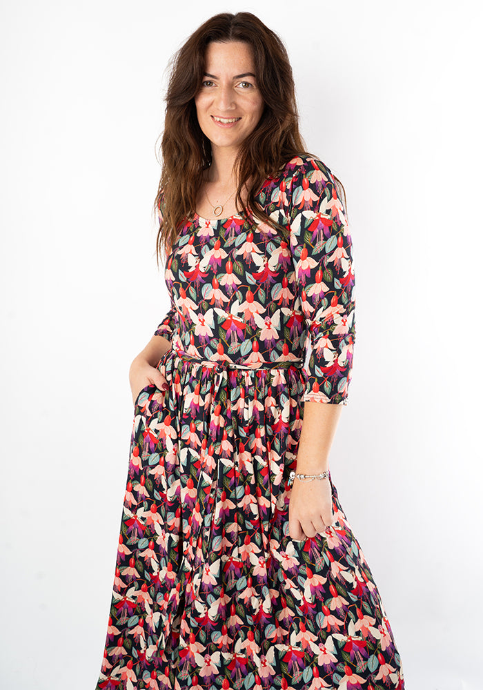 Fifth angle of Amelina Fuchsia Fairy Print Viscose Midi Dress