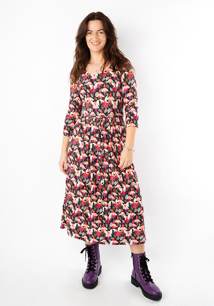 Third angle of Amelina Fuchsia Fairy Print Viscose Midi Dress