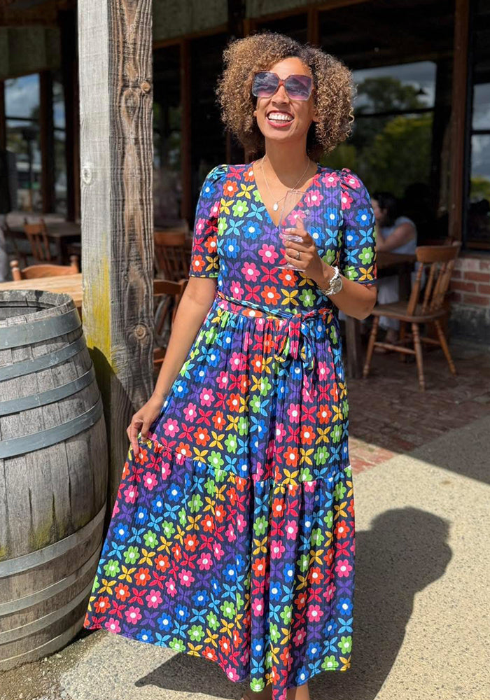 Front view of Ami Retro Rainbow Floral Print Midaxi Dress