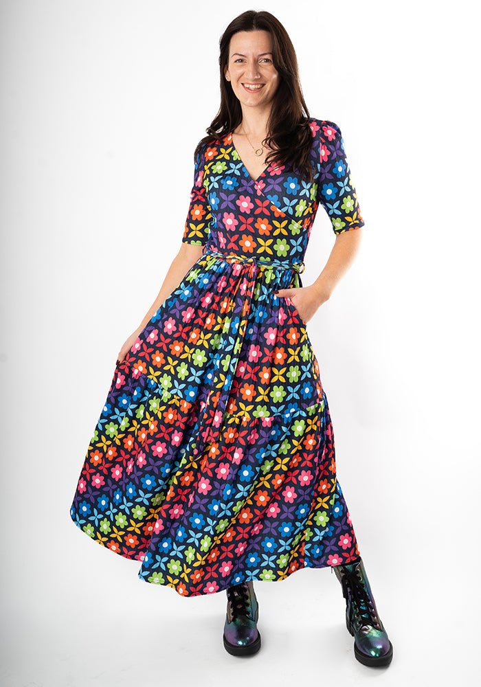 Third angle of Ami Retro Rainbow Floral Print Midaxi Dress