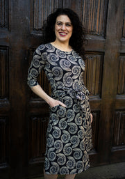 Ammonite Fossil Print Tie Waist Viscose Dress