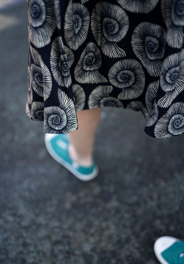 Eleventh angle of Ammonite Fossil Print Tie Waist Viscose Dress