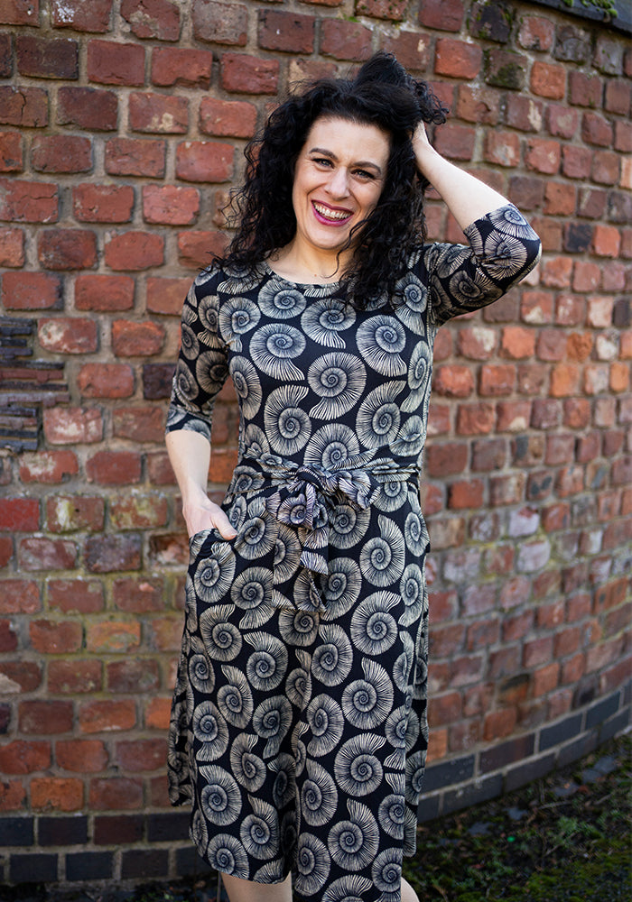 Eighth angle of Ammonite Fossil Print Tie Waist Viscose Dress