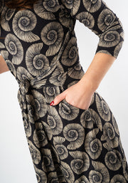 Ammonite Fossil Print Tie Waist Viscose Dress