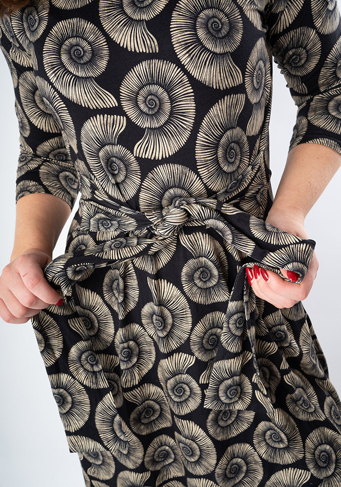 Third angle of Ammonite Fossil Print Tie Waist Viscose Dress