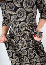 Ammonite Fossil Print Tie Waist Viscose Dress