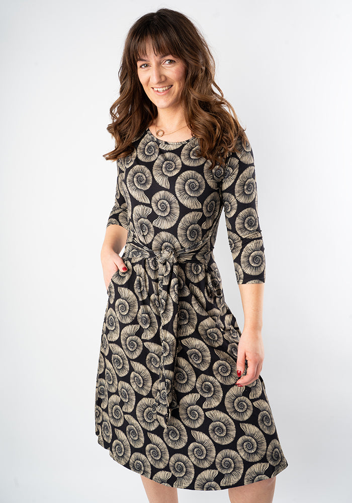 Fourth angle of Ammonite Fossil Print Tie Waist Viscose Dress