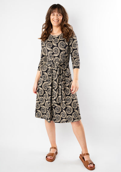 Ammonite Fossil Print Tie Waist Viscose Dress