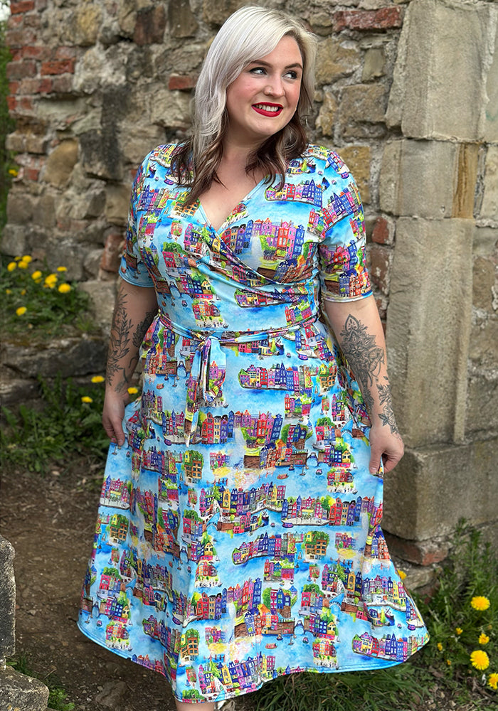 Front view of Amsterdam Waterways Print Jersey Midi Dress